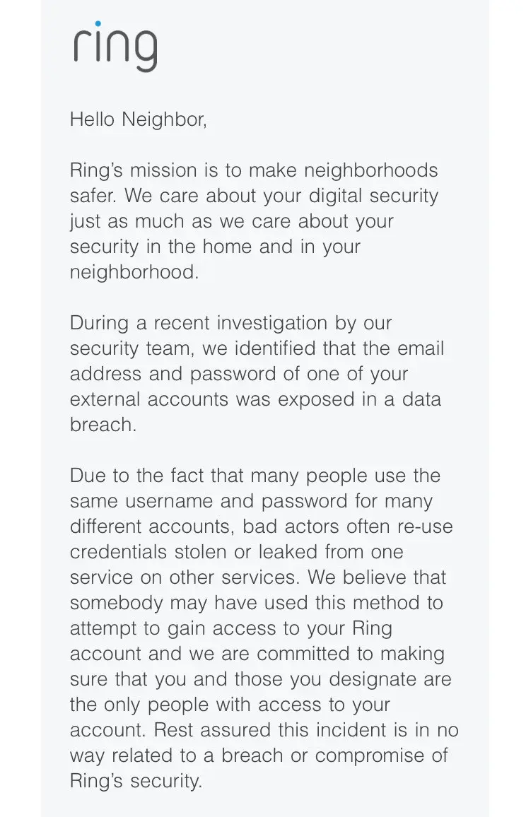 An email sent to ring users notifying them of the breach. An email sent to ring users notifying them of the breach.